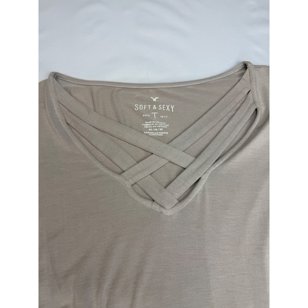 American Eagle Soft & Sexy Ombre Lattice V-Neck Long Sleeve Top Tan Mauve Medium